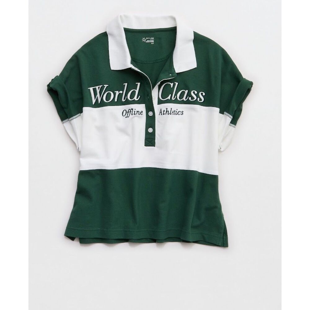 NEW Aerie Offline Womens XL crop Pique Rugby Polo top t-shirt green white stripe